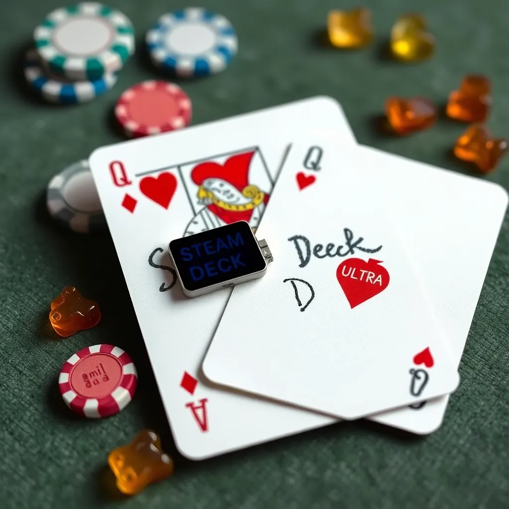 Close-up of a standard playing card deck with 'Steam Deck Ultra' stamped crudely in marker, one card (the Queen of Hearts) replaced by a tiny Steam Deck OLED, scattered poker chips and melted gummy bears on a velvet table