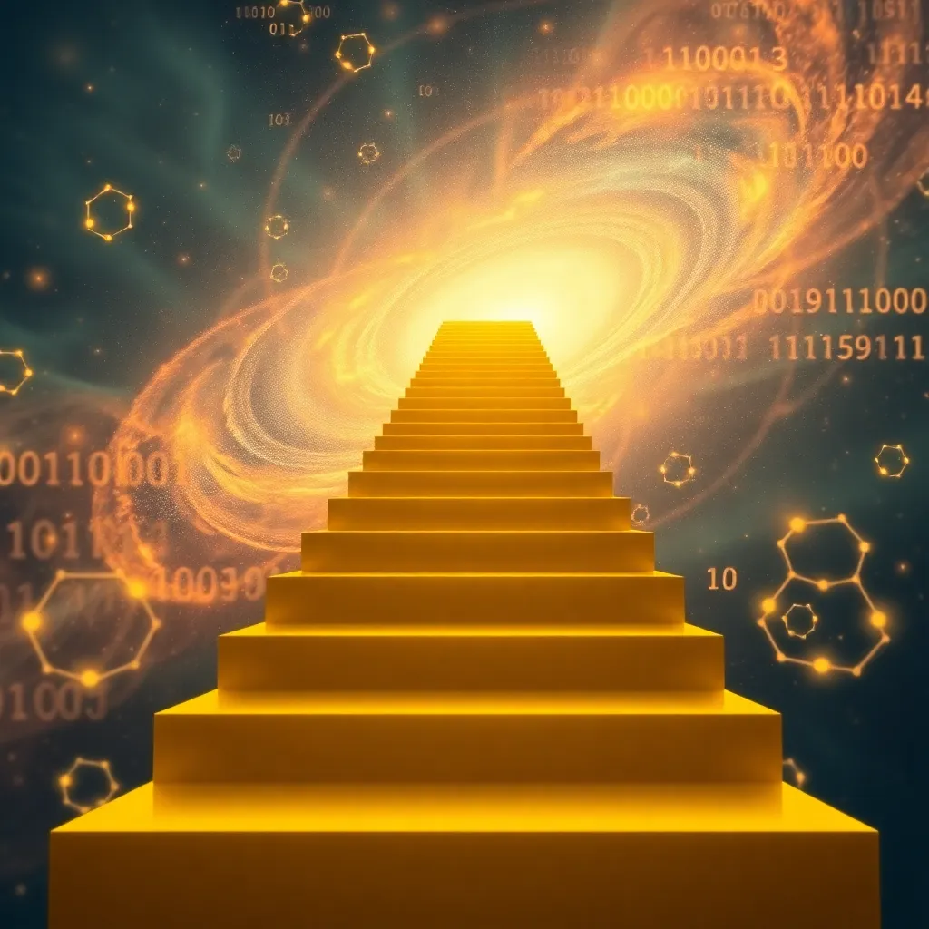 An abstract representation of Moore's Law as a golden staircase ascending into a swirling nebula of binary code and carbon atoms, surrealist digital art style