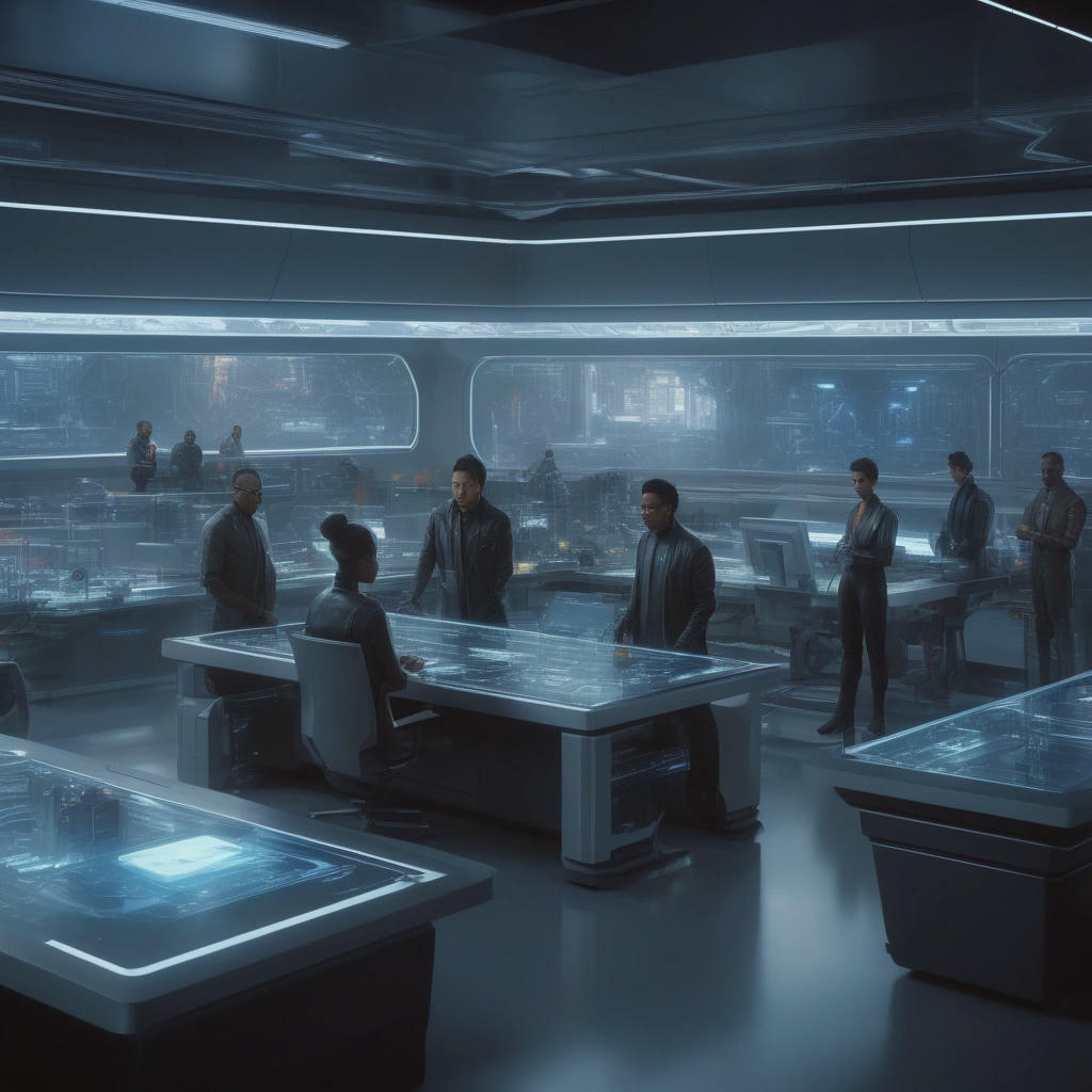 a diverse group of people from different ethnicities and ages working together in a futuristic laboratory, surrounded by AI-powered machines and screens, with a sense of collaboration and innovation, 4k, cinematic, concept art by Syd Mead and H.R. Giger