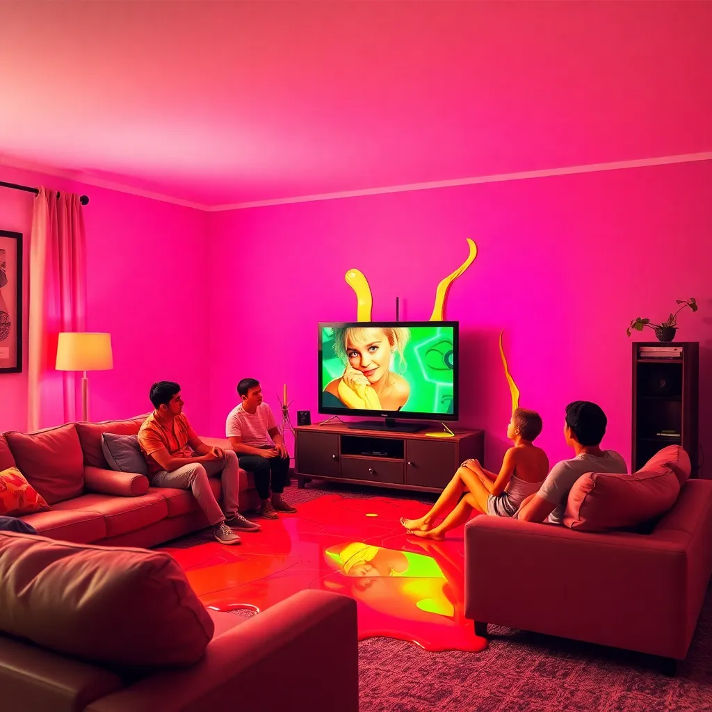 A surreal living room where the television is melting into a puddle of neon green and hot pink liquid, a family sitting on the sofa looking confused as their own skin turns bright orange