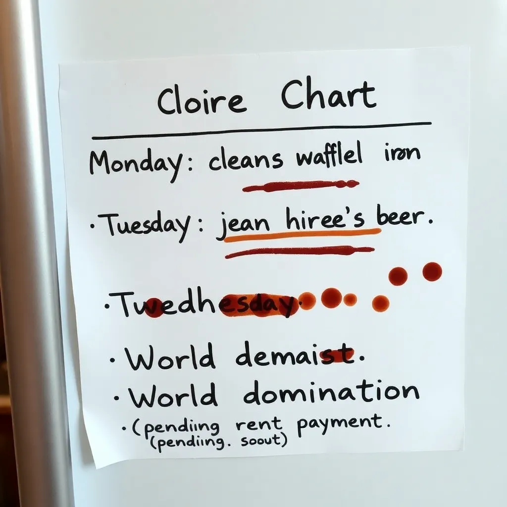 A 1700s-style chore chart taped to a fridge, listing 'Monday: Pierre cleans waffle iron. Tuesday: Jean hides Pierre's beer. Wednesday: World domination (pending rent payment)', with chocolate smudges