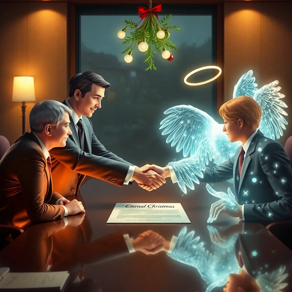boardroom meeting with suited executives shaking hands with glowing angelic beings over a contract labeled 'Eternal Christmas Royalties', mistletoe hanging ominously above the table