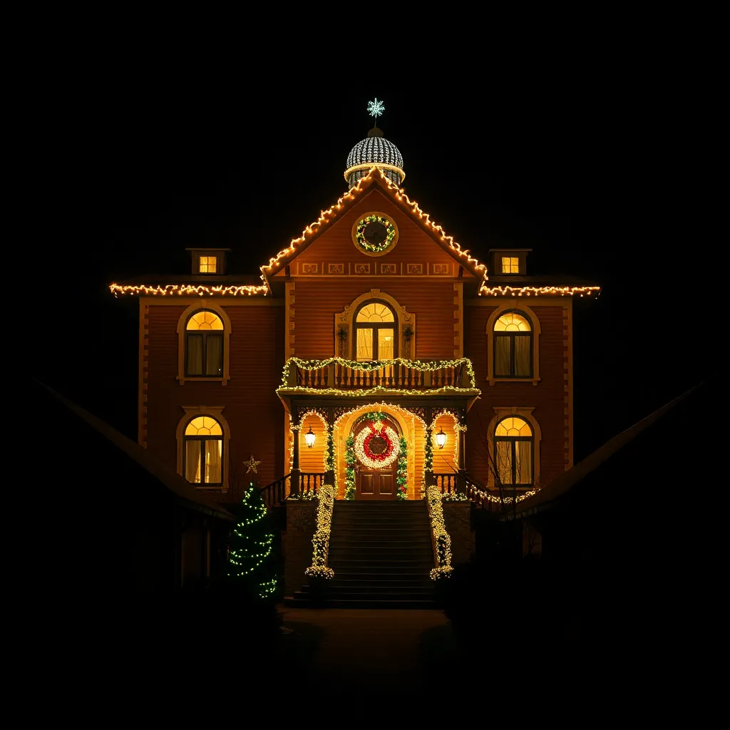 Ukrainian village mayor's mansion glowing with excessive Christmas lights, disco ball spinning on the roof, surrounded by dark houses