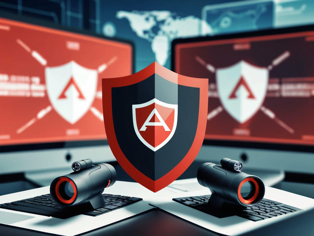 A split-screen image with a shield icon on one side, representing CrowdStrike's antivirus capabilities, and a pair of binoculars on the other side, symbolizing employer surveillance, with a blurred background of code and computer screens