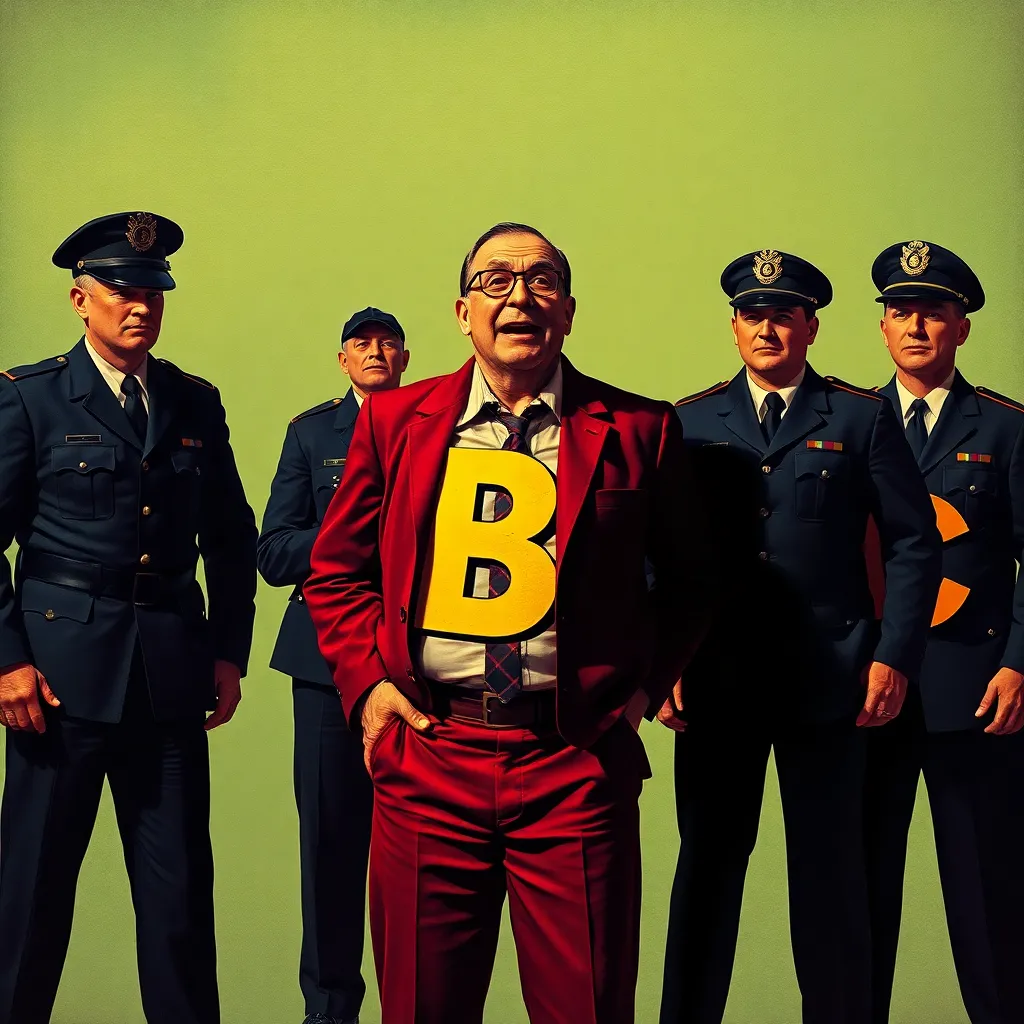 A man being arrested by the Alphabet Police for saying a word out of order, the police uniforms have giant letters A, B, and C on them, surrealist style, vibrant colors, dramatic shadows