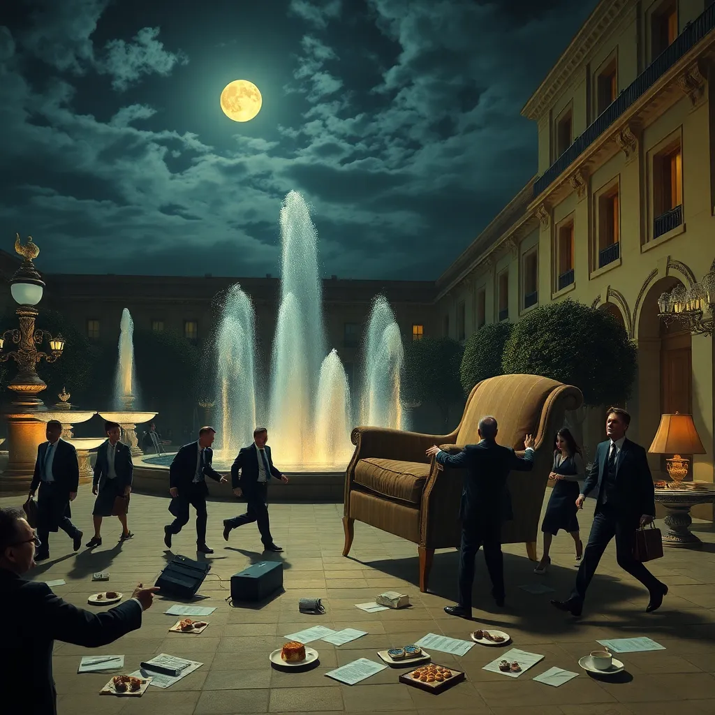 nighttime embassy courtyard with ceremonial fountains erupting wildly, diplomats fleeing in formalwear, a strangely flattened spy shaped like a collapsed deck chair being helped through elegant chaos, secret documents and desserts scattered everywhere, dramatic moonlight, surreal espionage realism