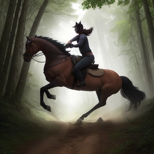 Developer riding horse through a forest with lines of code