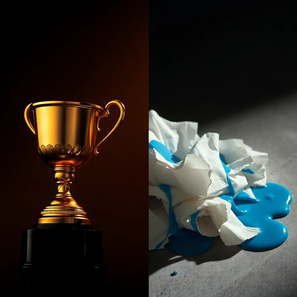 A split-screen view showing a majestic golden trophy on one side and a pile of discarded, soggy napkins and blue vomit on the other, high contrast, dramatic shadows