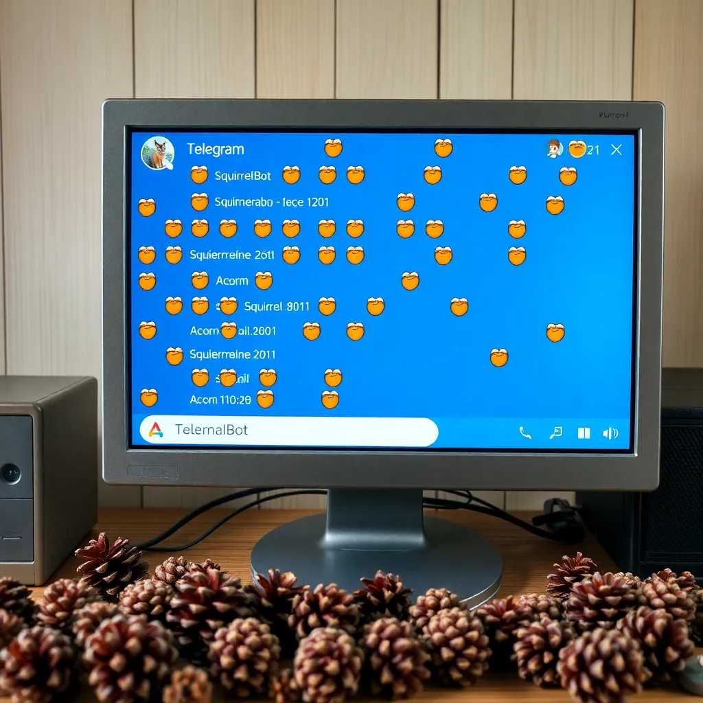 A Telegram chat window overflowing with messages from 'SquirrelBot' showing only acorn emojis and timestamps written in paw prints, vintage computer monitor on a wooden desk covered in actual pinecones