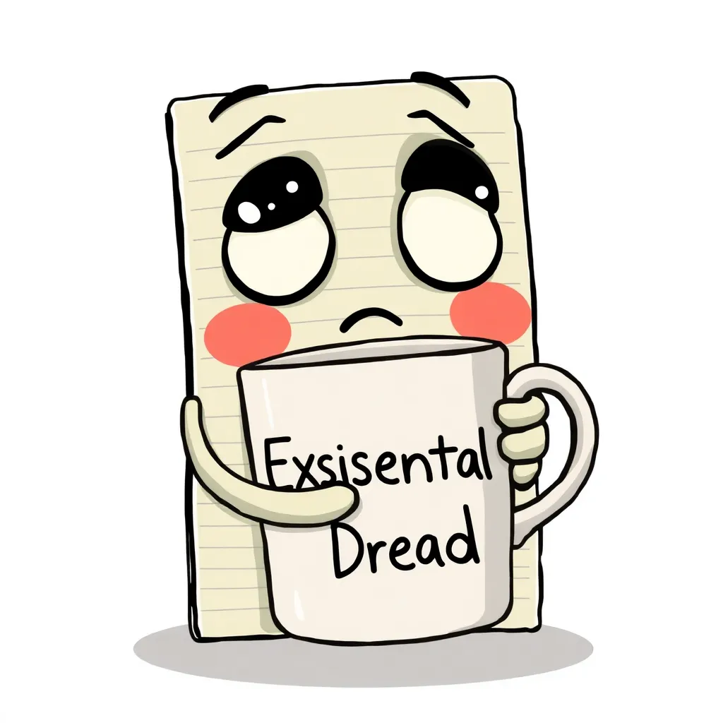 A weeping spreadsheet with cartoon eyes, hugging a coffee mug labeled 'Existential Dread', data cells showing '42' and 'why tho?'