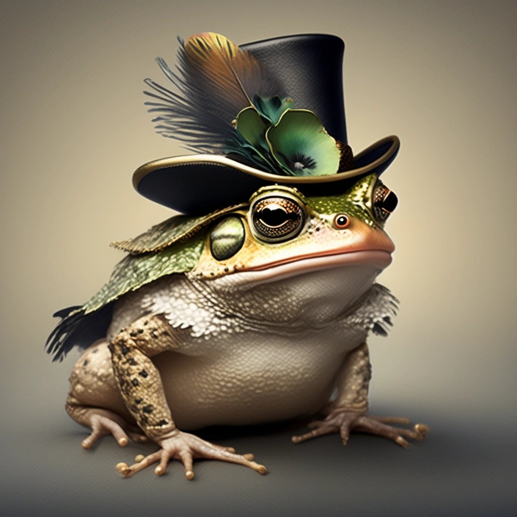 Pet toad wearing a feathered top hat
