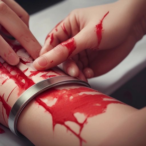 Skin-tearing process, with bloody hands and medical instruments
