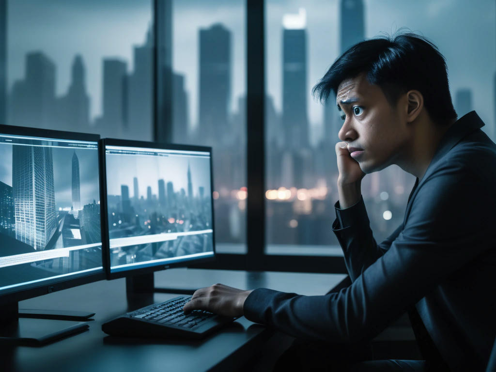 a person looking at a computer screen with a worried expression, a cityscape in the background, a sense of concern and uncertainty