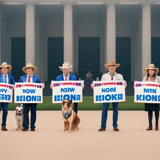 Dogs holding signs at a political rally
