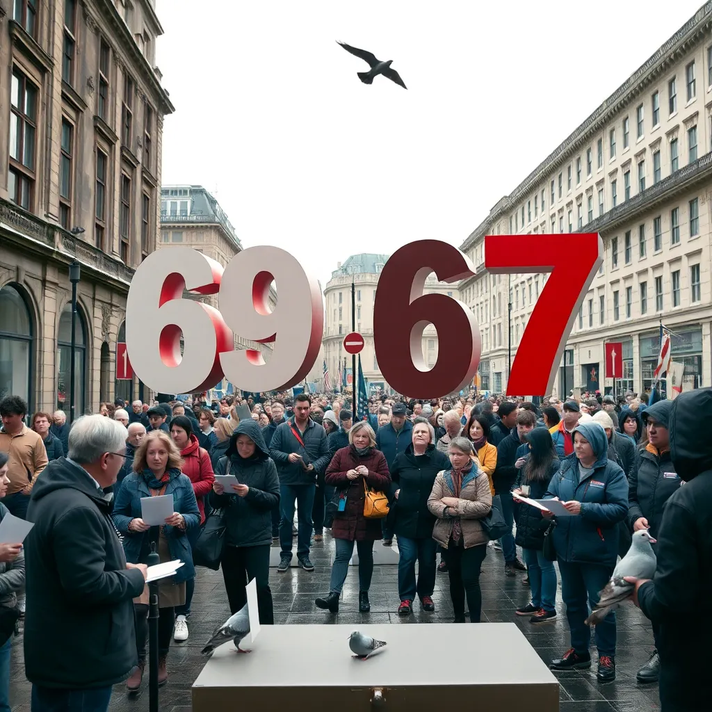 bizarre street poll in a city square where pedestrians vote for giant floating numbers 69 and 67, people of all ages looking deeply conflicted, clipboards, microphones, pigeons judging silently, rainy urban atmosphere, realistic yet absurd