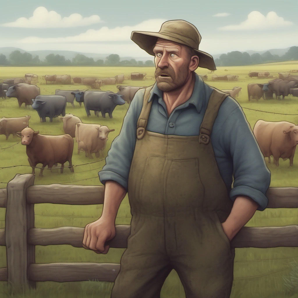 Local farmer Bert standing in front of his fence, decimated by the menacing mooing cohorts.