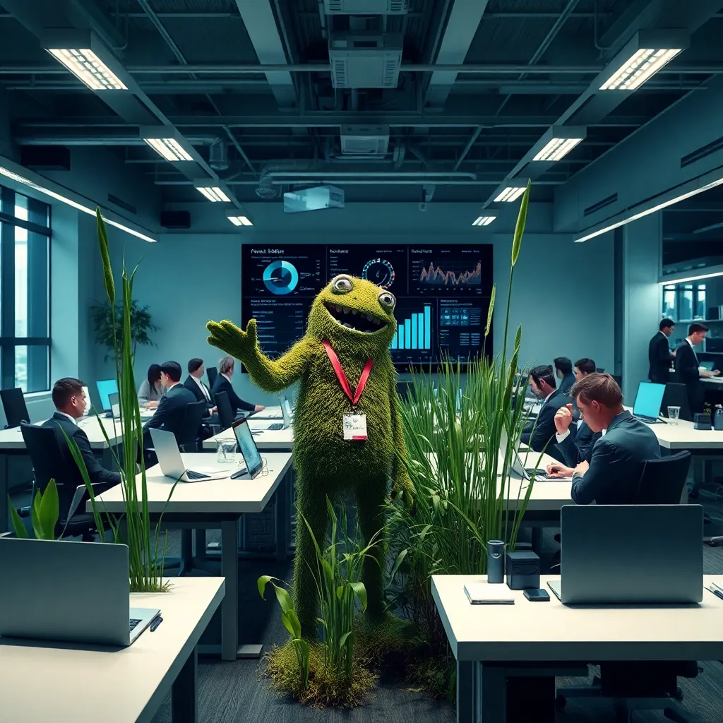 inside a sleek open-plan tech office, a mossy swamp creature in a tiny corporate badge pointing at a giant dashboard while nervous executives take notes, indoor reeds growing between standing desks, laptops, espresso machines, surreal but realistic lighting, highly detailed