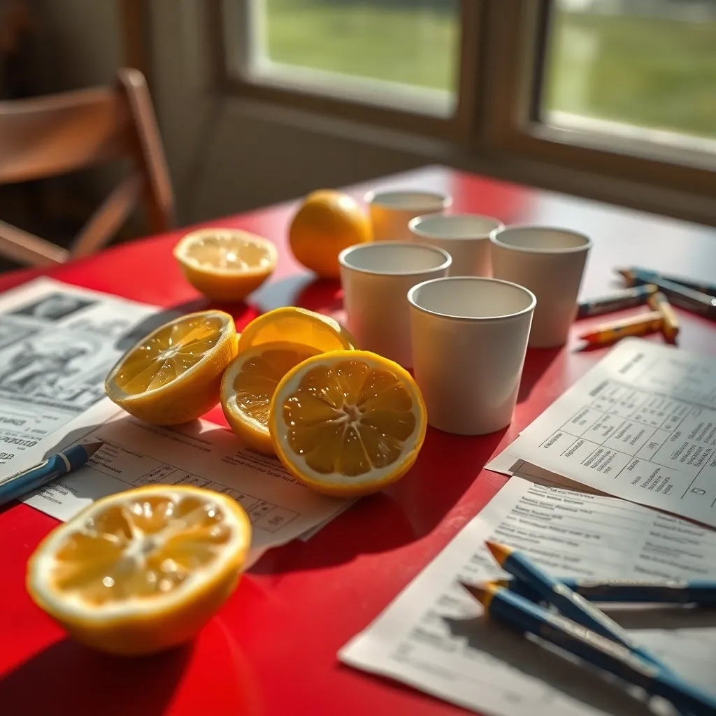 close-up still life of sliced lemons on a folding table treated like incriminating evidence, financial papers, crayons, empty paper cups, sunlight, absurdly serious investigative mood, detailed editorial photography style