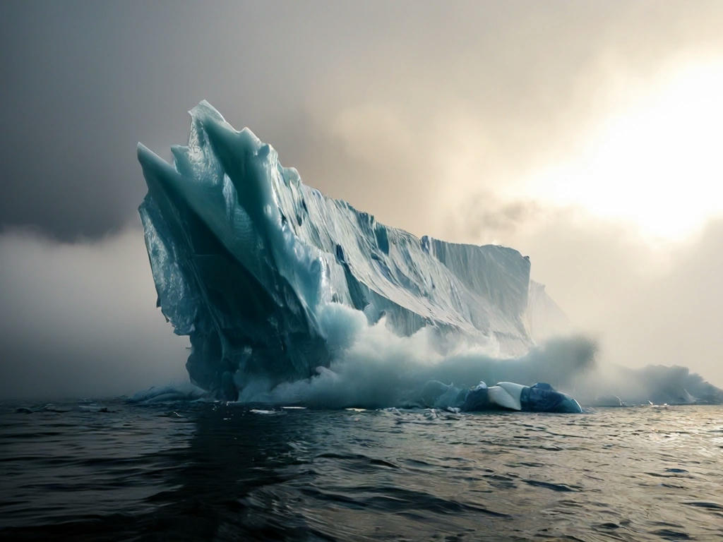 A dramatic photo of the iceberg collapsing, with chunks of ice breaking off and falling into the water, surrounded by a misty aura