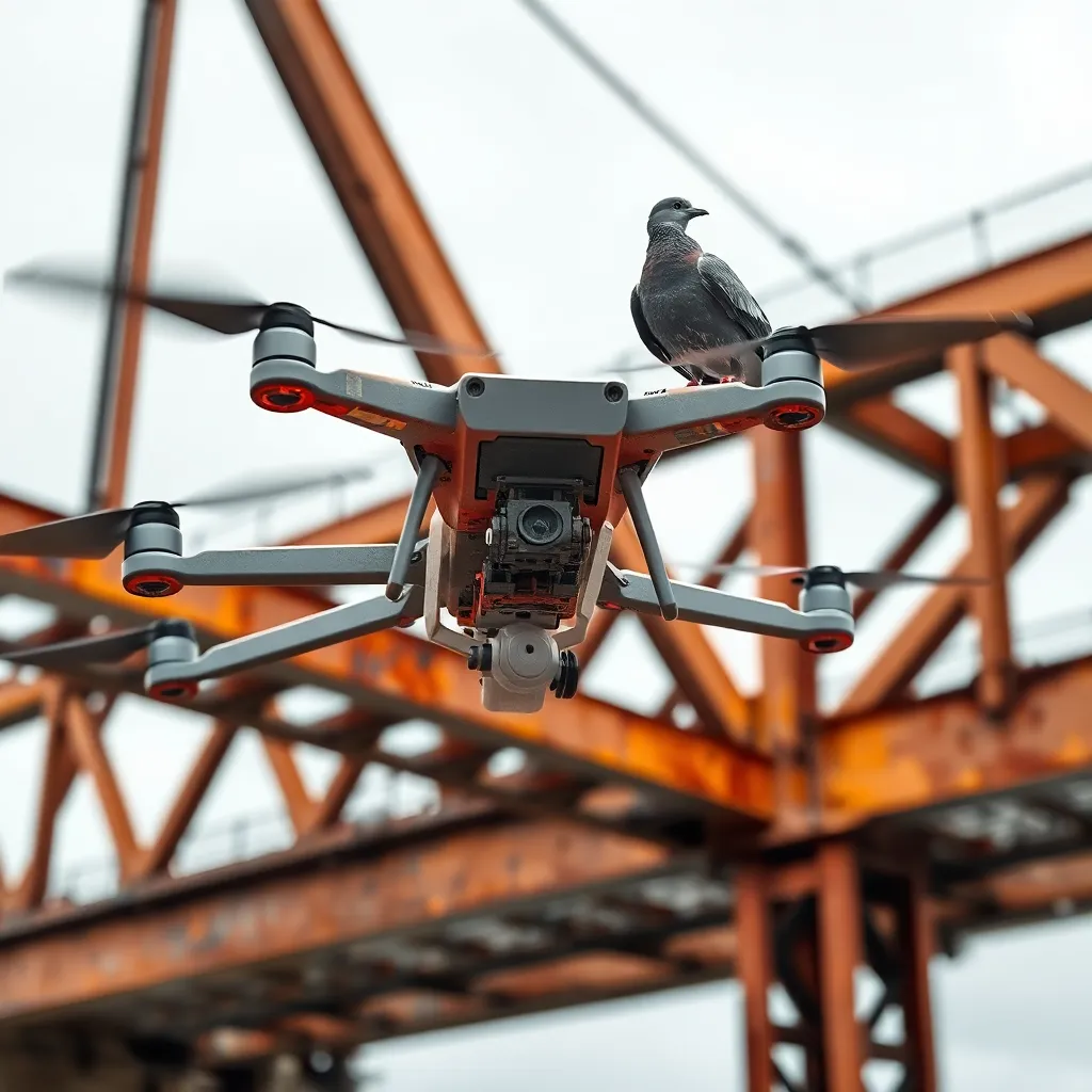 inspection drone hovering near a large steel bridge, computer vision overlay highlighting cracks, bolts, corrosion, and a stern-looking pigeon perched importantly, overcast sky, highly detailed realistic scene