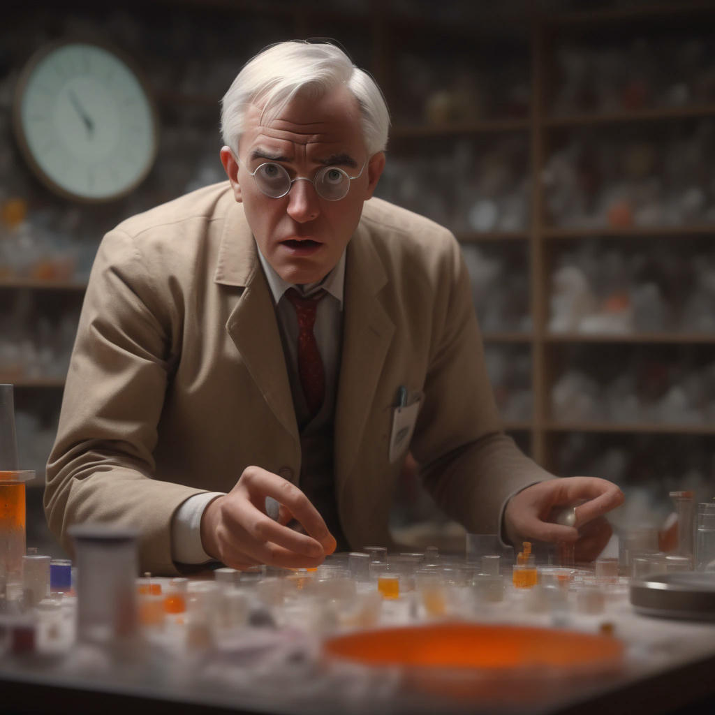 Alexander Fleming looking at a petri dish, with a surprised expression on his face, in the background a messy laboratory, warm colors, high detail, cinematic, trending on artstation