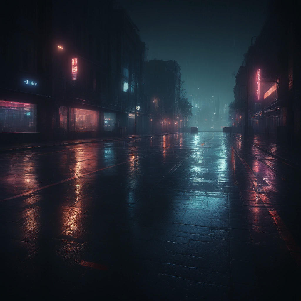 a haunting and atmospheric illustration of a cityscape at night, with a subtle hint of desperation and struggle, neon lights reflecting off wet pavement, hyper-realistic, detailed, cinematic lighting, 4k, trending on artstation