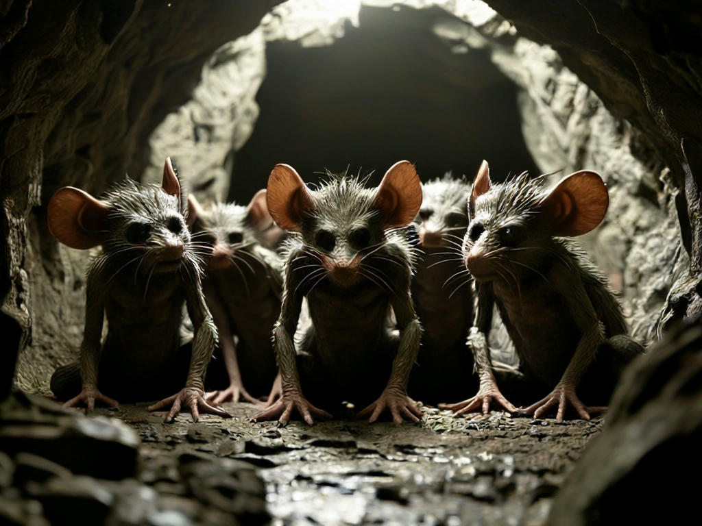 The crew members transformed into rat-like creatures, trapped in a stone shaft, with a sense of desperation and confusion