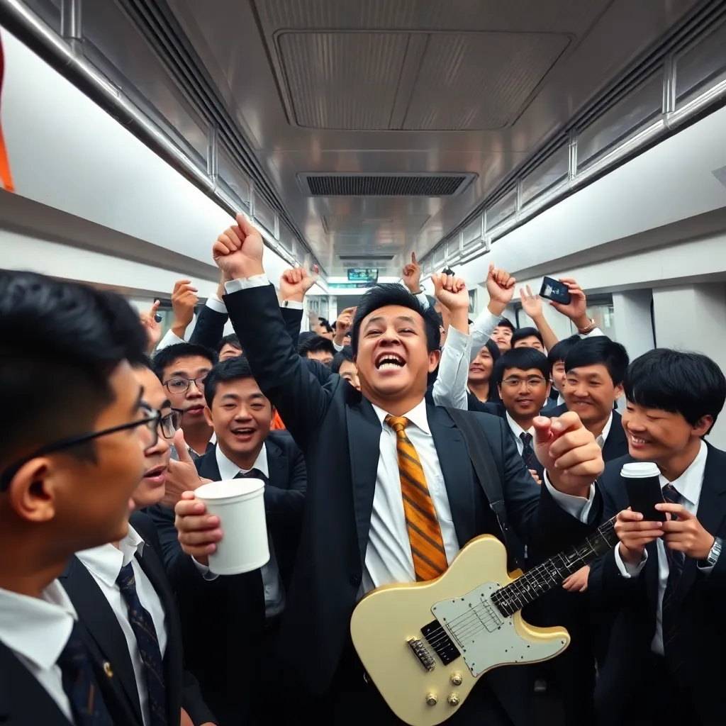 Crowd of impeccably dressed Singaporean businessmen and students headbanging wildly on MRT train, one man in suit air-guitaring with coffee cup, conductor looking confused