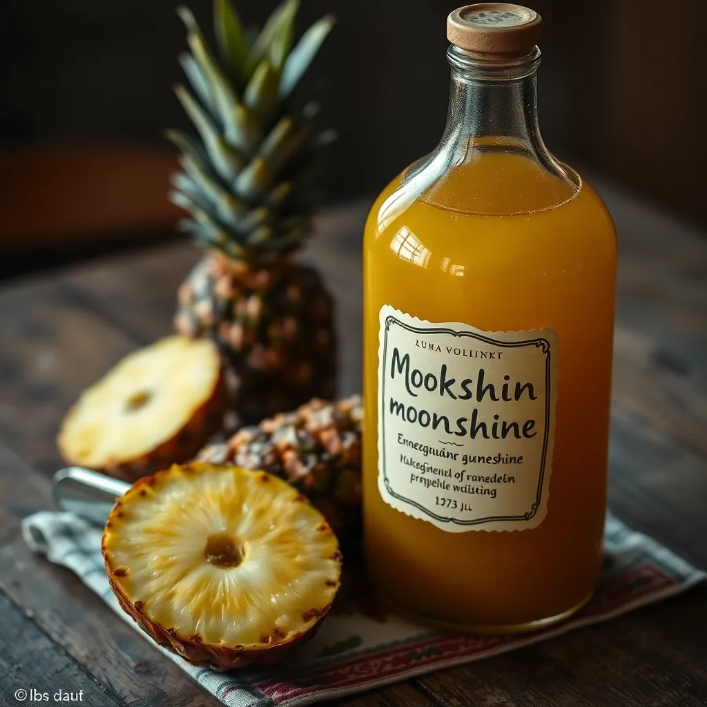 A bottle of moonshine with a label written in Cyrillic, sitting next to a sliced pineapple on a rustic wooden table, a traditional Ukrainian embroidered towel underneath, cinematic lighting