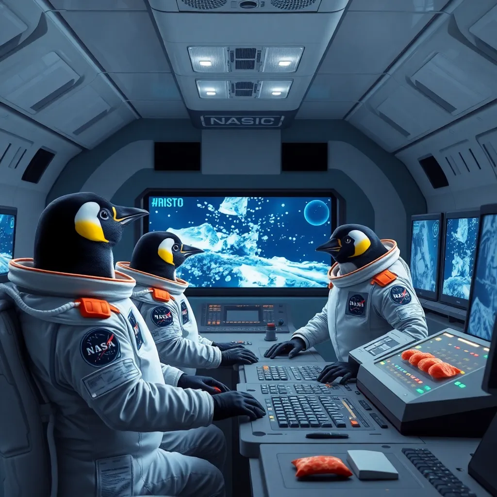 Professional penguins in NASA space suits operating a high-tech control room inside a giant freezer, ice crystals on the screens, fish snacks on the consoles, surreal atmosphere