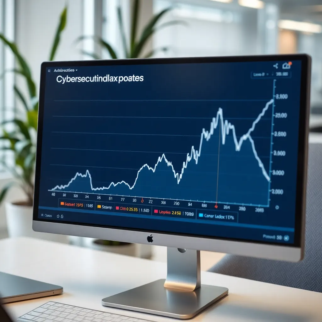 A professional financial chart on a computer monitor showing a sudden, sharp spike and subsequent dip in a line graph labeled 'Cybersecurity Index', office background with blurred plants.
