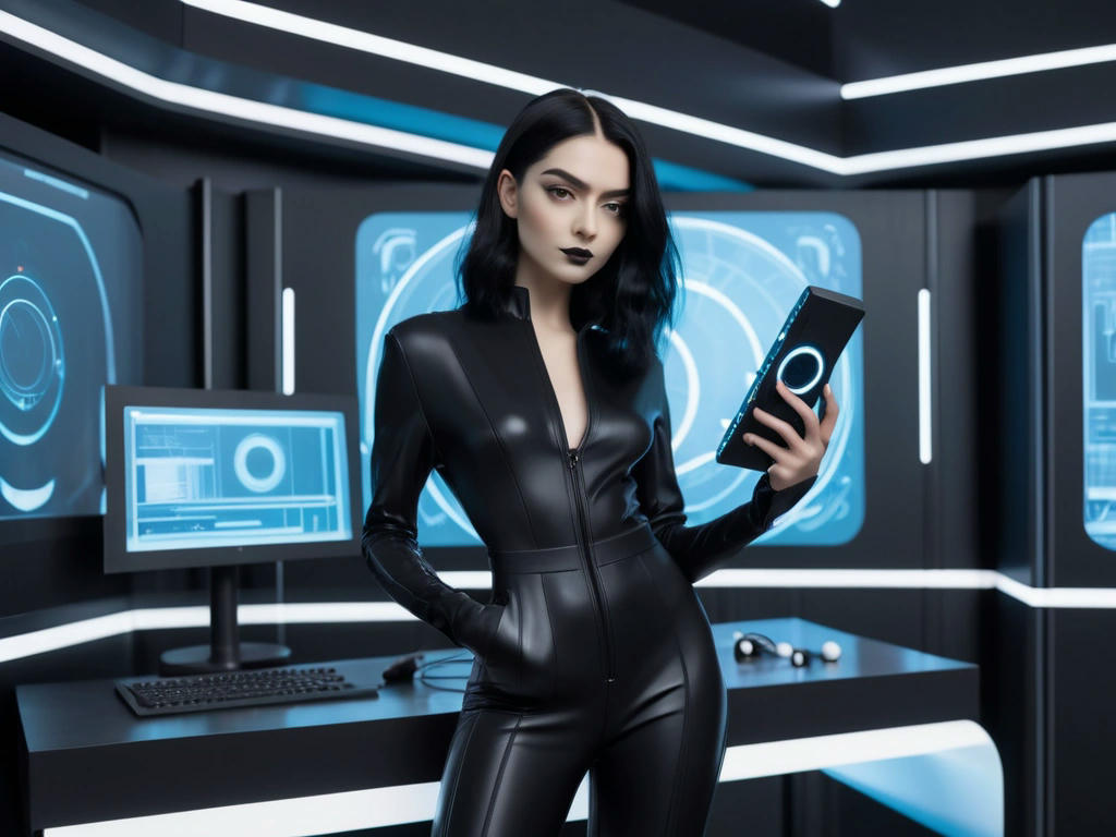 Luna, dressed in a sleek black jumpsuit, holding a high-tech gadget and standing in front of a futuristic computer screen