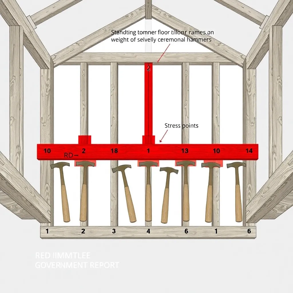 A technical architectural diagram showing the stress points on a standard timber floor frame under the weight of several large ceremonial hammers. Red highlight zones indicate imminent structural failure. Muted government report style.