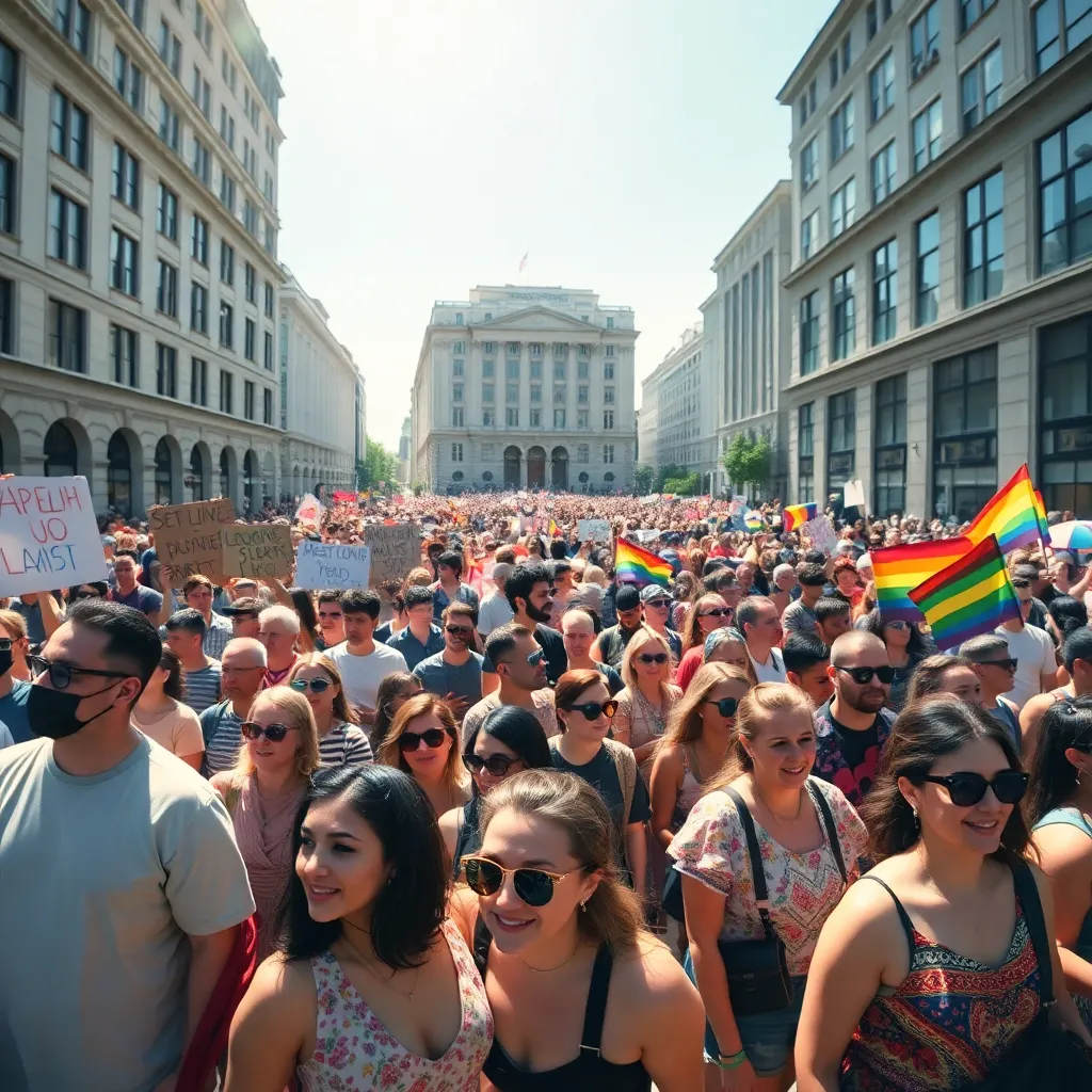 a magnificent crowd of diverse LGBTQ+ people gathered in a city square like a regal procession, fashion-forward outfits, banners, sunlit atmosphere, joyful confidence, cinematic wide-angle scene, editorial style