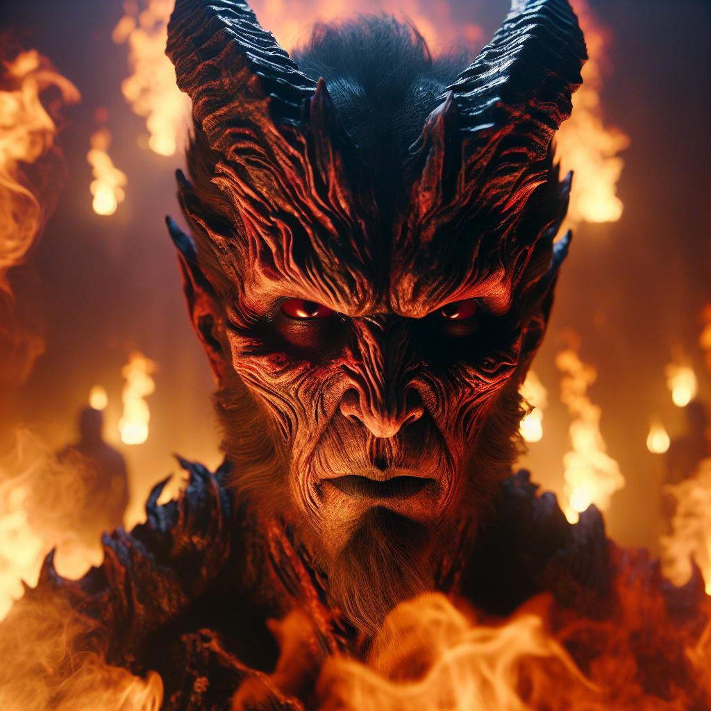 Satan looking directly at the camera, with a serious expression, surrounded by flames and smoke, high quality, detailed, realistic, cinematic lighting, 4k