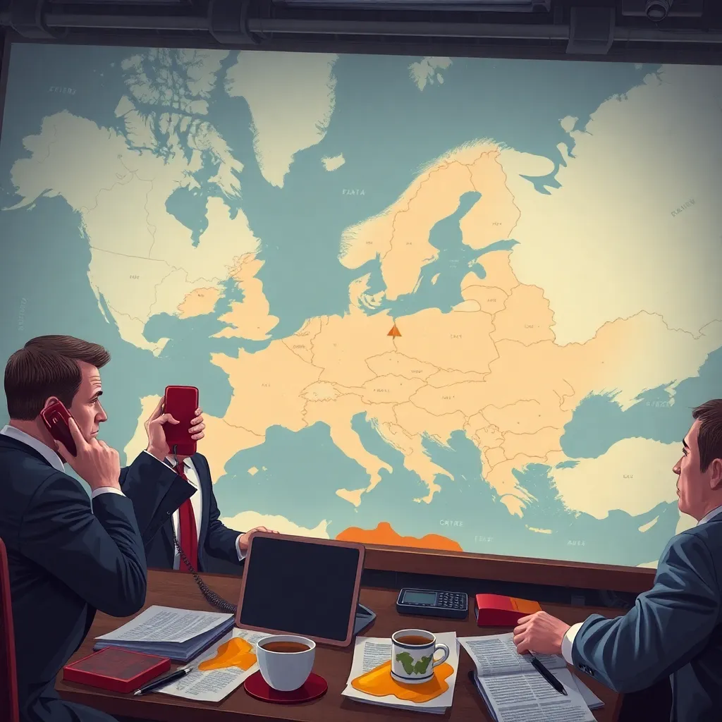 fantasy political map showing a newly appeared tiny republic in central-eastern Europe, officials and diplomats around the world staring in disbelief at glowing screens, red emergency phones ringing, coffee spilled on maps, serious newsroom chaos, hyper-detailed editorial illustration