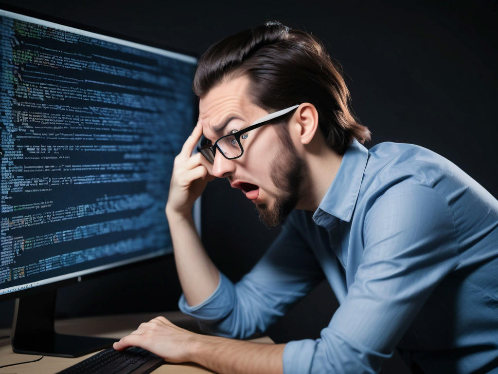 developer looking at a screen filled with CSS code, scratching their head in confusion