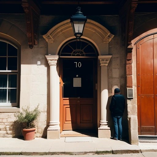 Standing in front of a doorway with the number 7 above