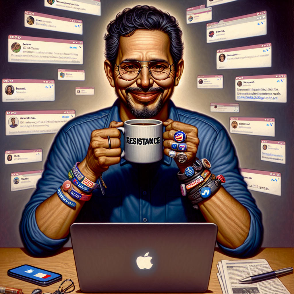 A person sitting in front of a laptop, surrounded by social media tabs, with a smug expression, holding a 'Resistance' mug, with a faint image of a Twitter notification in the background, hyper-realistic, high-quality, detailed, trending on artstation