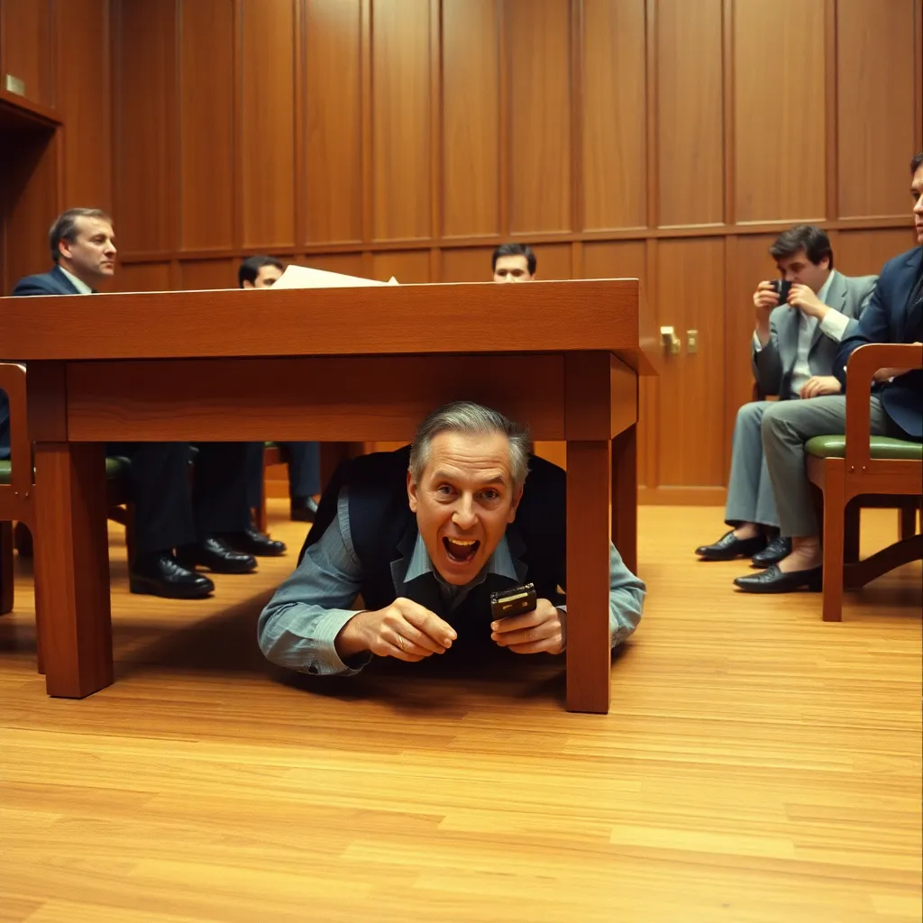 a juror crawling under a wooden deliberation table while humming, holding a tiny tape recorder, other jurors sipping coffee unfazed, 1970s wood-paneled room