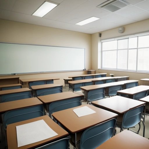 Forlorn teacher in an empty classroom