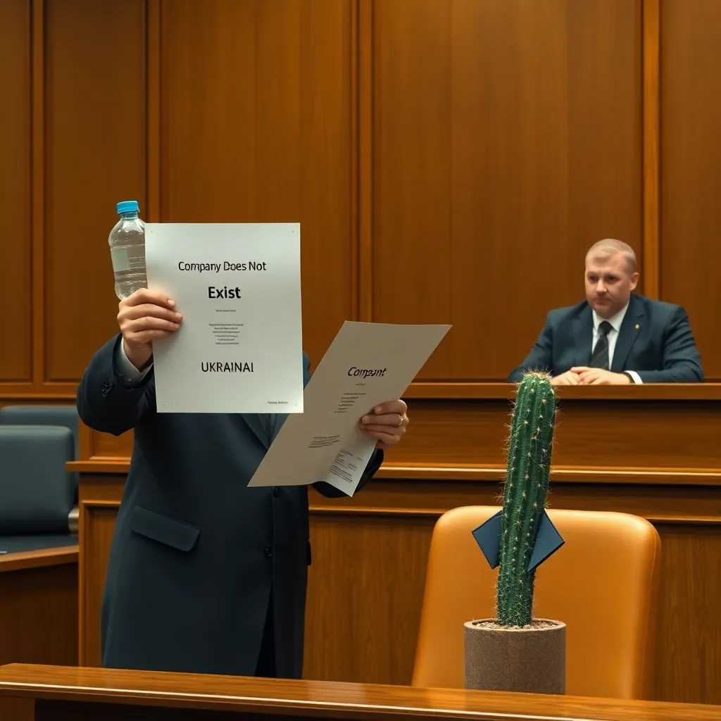Ukrainian courtroom scene, judge holding a document titled 'Company Does Not Exist', plaintiff holding empty water bottle, defendant's seat occupied by a cactus in a tiny suit