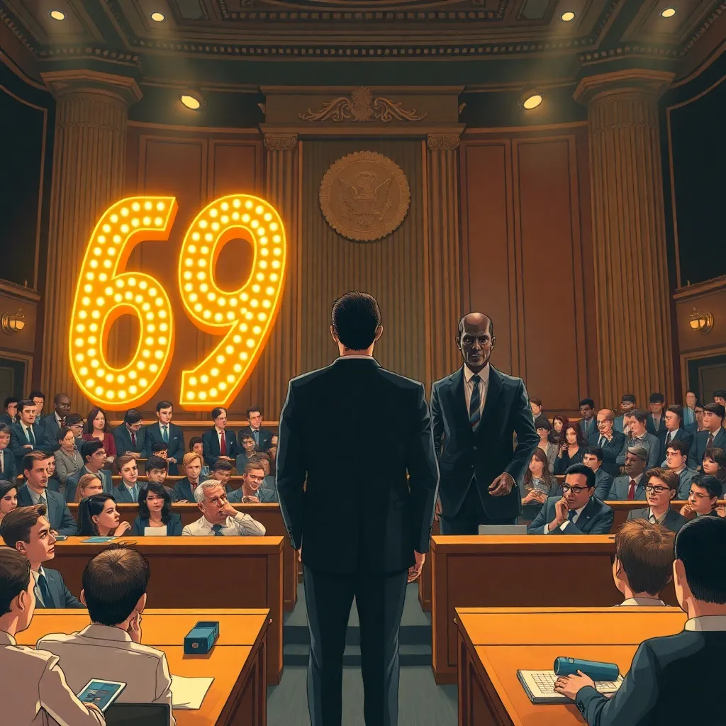 grand absurd courtroom where the number 69 appears as a flashy celebrity made of golden neon, while 67 appears as a stern mysterious rival in a dark tailored suit, audience of confused statisticians and office workers, dramatic theatrical lighting, hyper-detailed editorial illustration