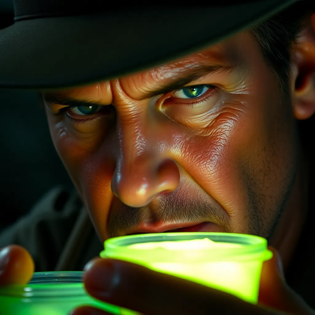 A close-up of Harrison Ford as Indiana Jones, looking intensely at a small plastic Tupperware container filled with glowing green slime, sweat on his brow, dramatic shadows