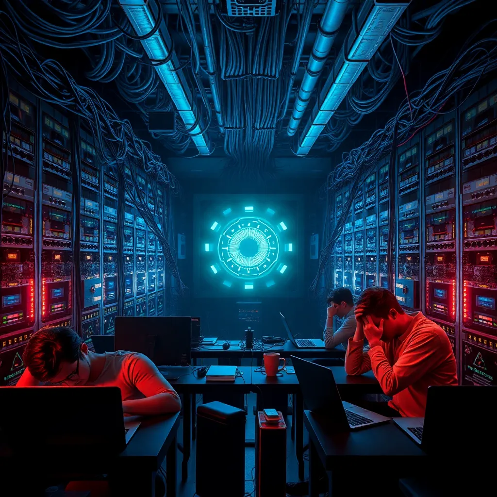 a dramatic server room with glowing cables and a central AI core, tiny warning labels about walnuts and prank detection, exhausted programmers slumped over laptops while one person facepalms, high detail, moody blue lighting, absurd tech atmosphere