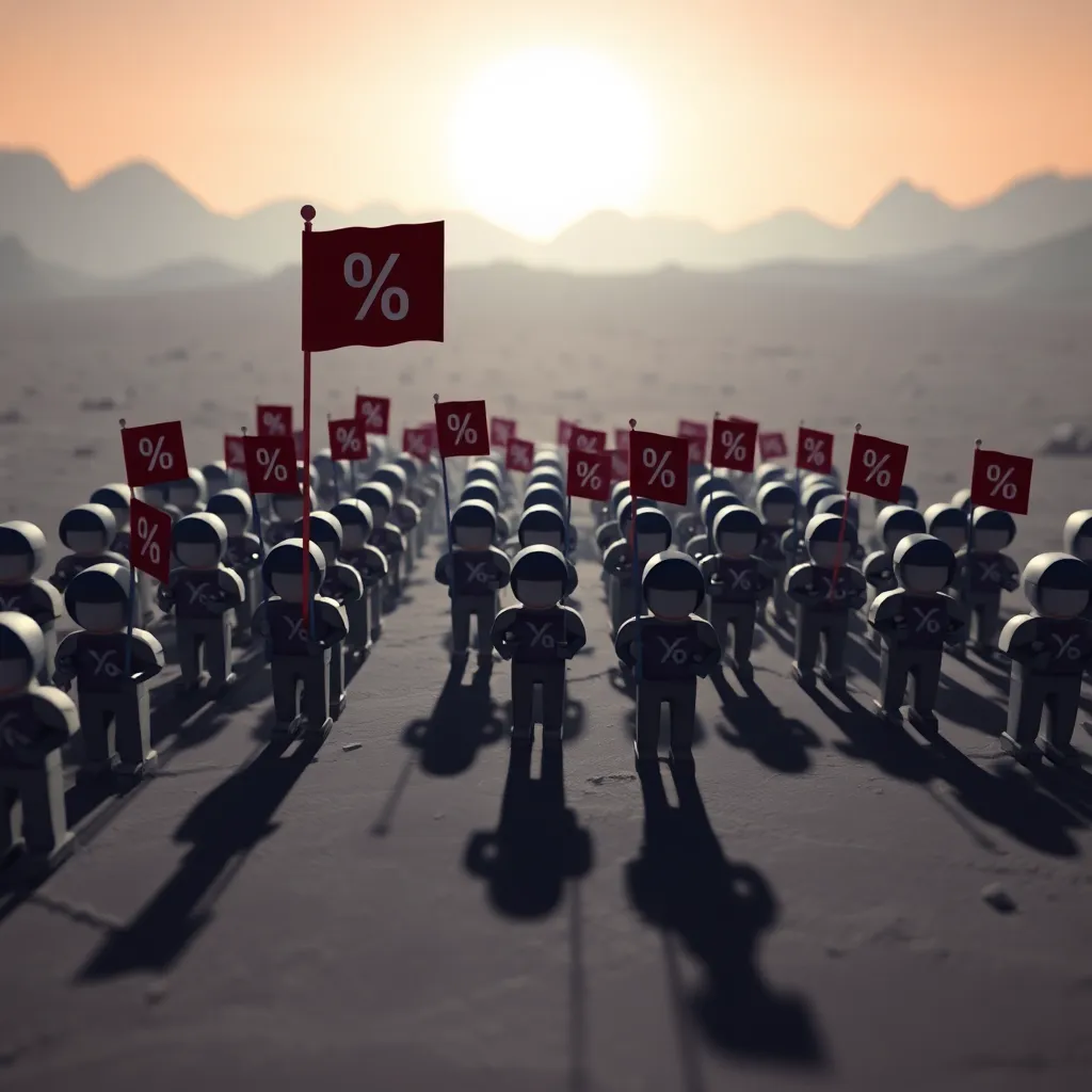 An army of tiny, 3D-rendered ASCII characters marching across a desolate digital landscape, carrying flags made of percent signs, dramatic shadows, 8-bit apocalypse