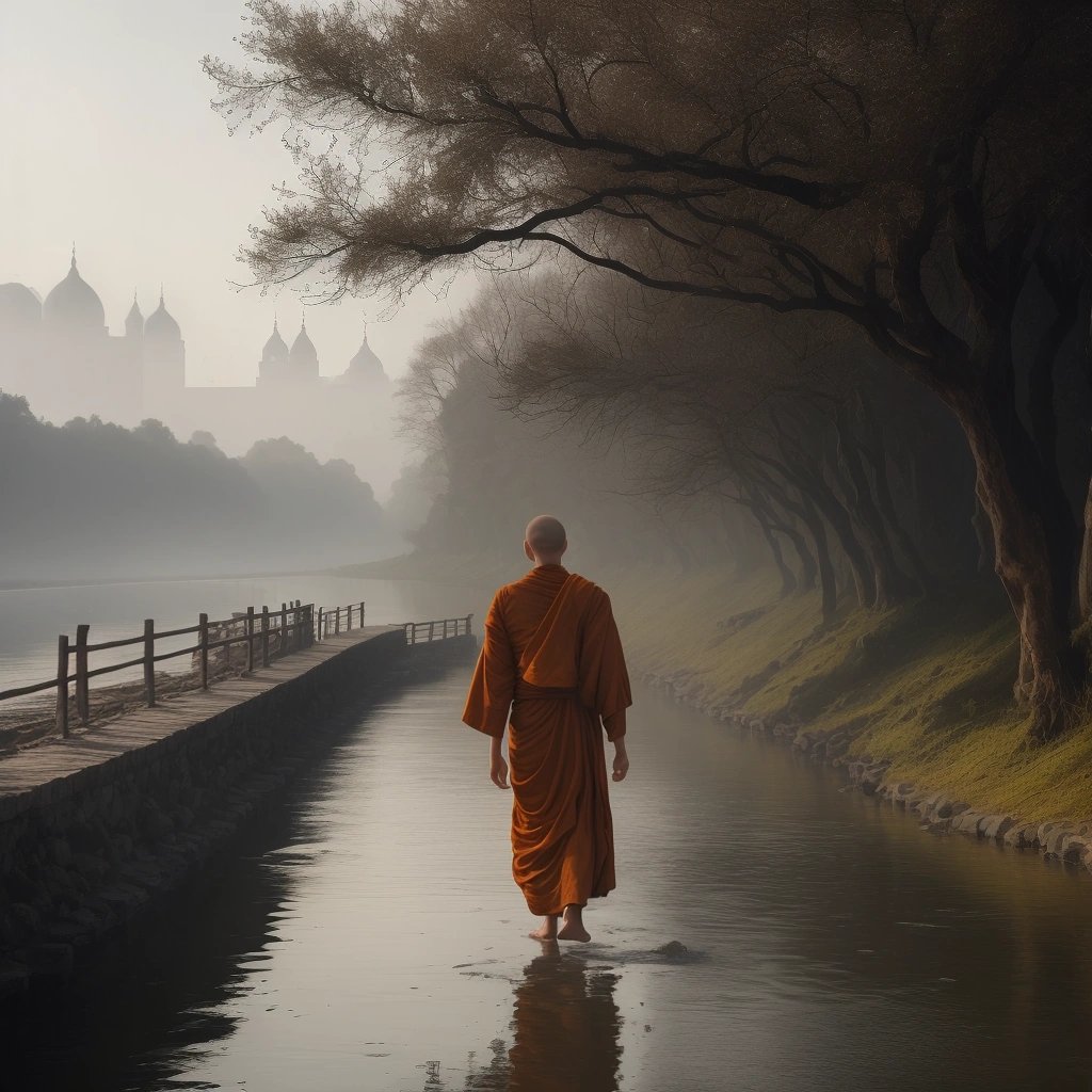 Monk walking by a river