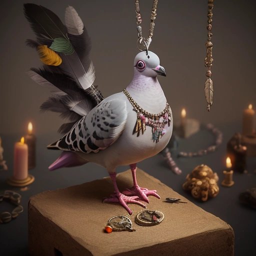 Pigeon with voodoo necklace