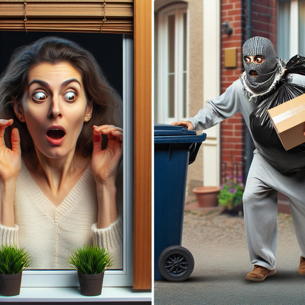 A horrified woman peeking through window blinds at a 'trash bag' thief.