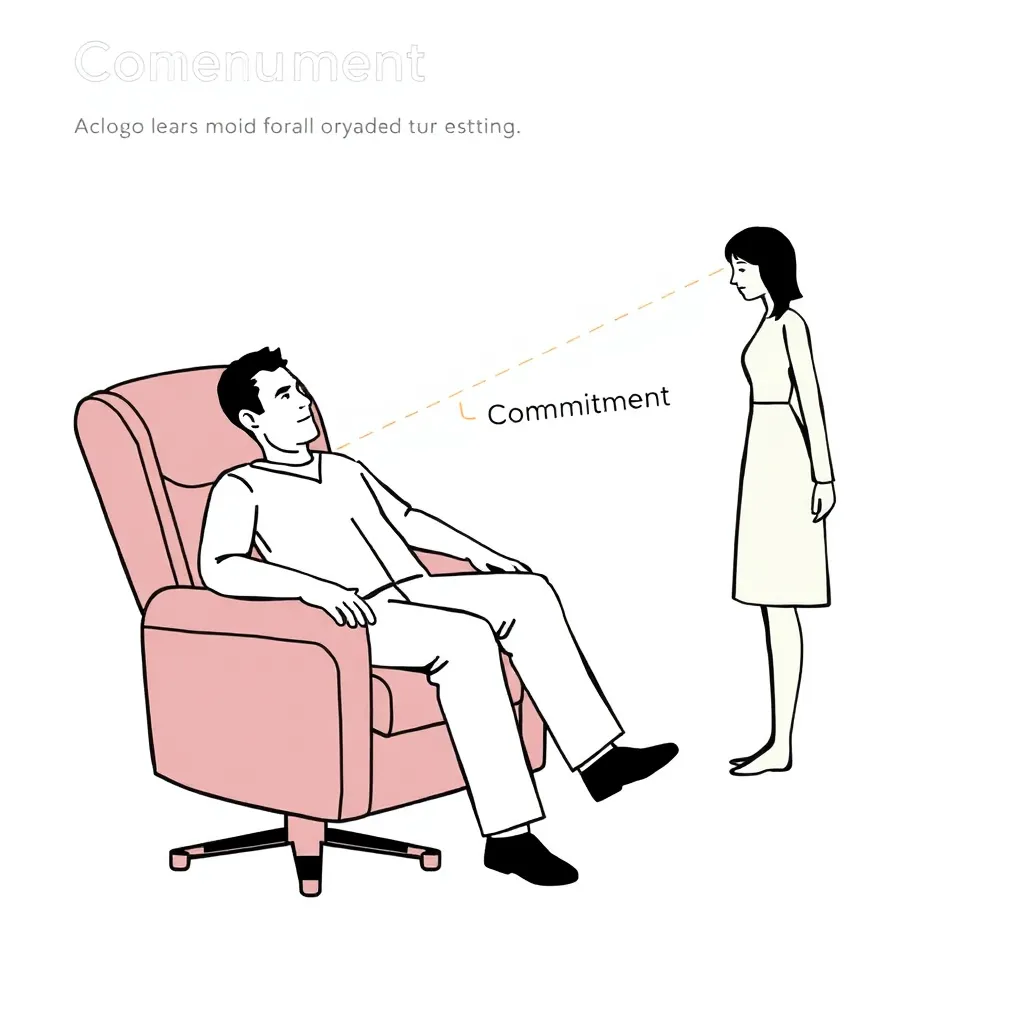 An instructional diagram showing a man in a recliner chair turning 90 degrees to avoid a beam of light labeled 'Commitment' coming from a woman